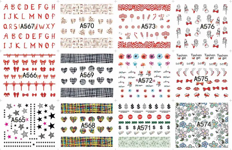 12 sheets lot water transfer nail art decorations stickers decals manicure nails supplies tool Cute animal cat dog rabbit - Цвет: A565-576