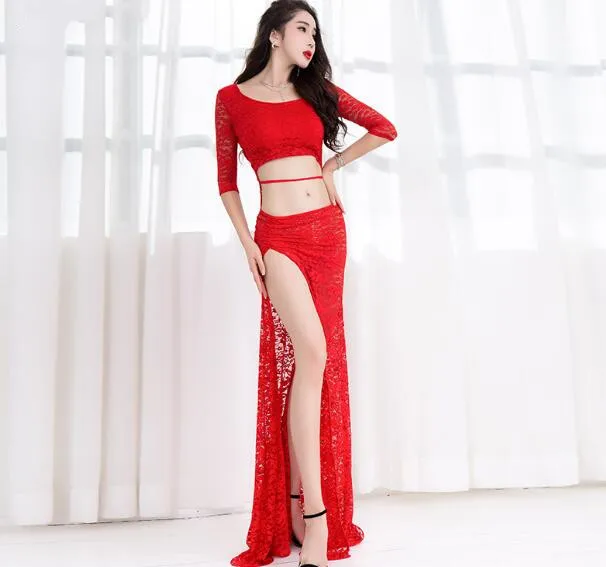 

Women Lace Costume Belly Dacing Long Dress Sexy Dancer Performance Show Clothes Pink Red M L On Sale