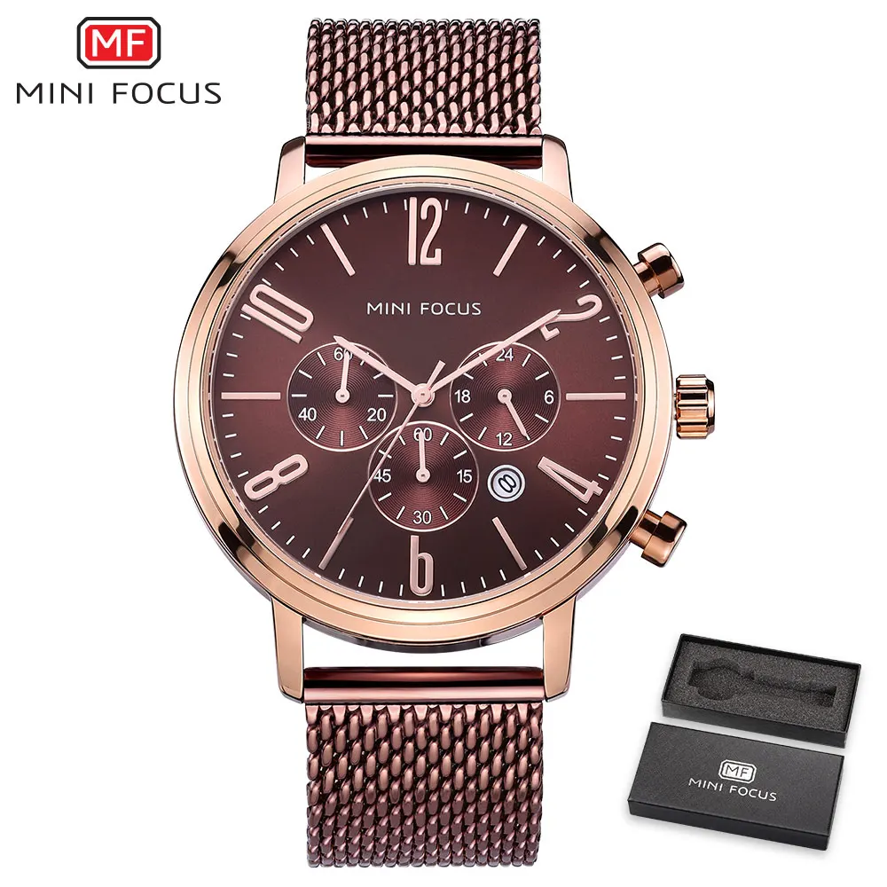 

MINIFOCUS Mens Watches Top Brand Luxury Quartz Clock Ultra Thin Brown Mesh Strap 3 Sub-dials Calendar Chrono Wristwatch + Box