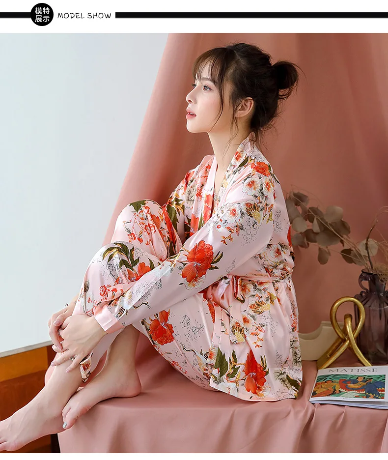 Fdfklak комплект из 3 предметов пикантные шелковые пижамы для женщин Костюм повседневное Домашняя одежда демисезонный Ночное