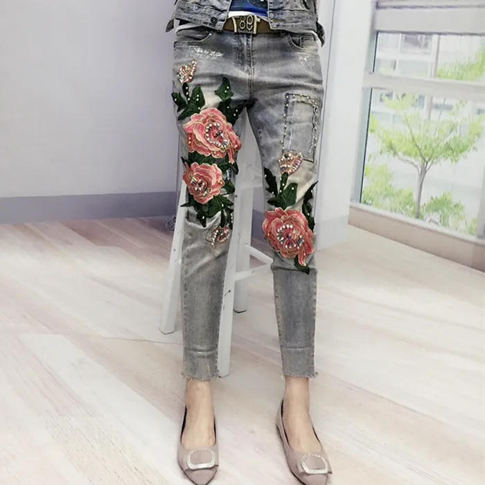 Осенняя Женская мода 3D цветок Стрейчевые джинсы повседневные тонкие джинсы карандаш деним с бисером Эластичные Обтягивающие джинсы размера плюс 25-31
