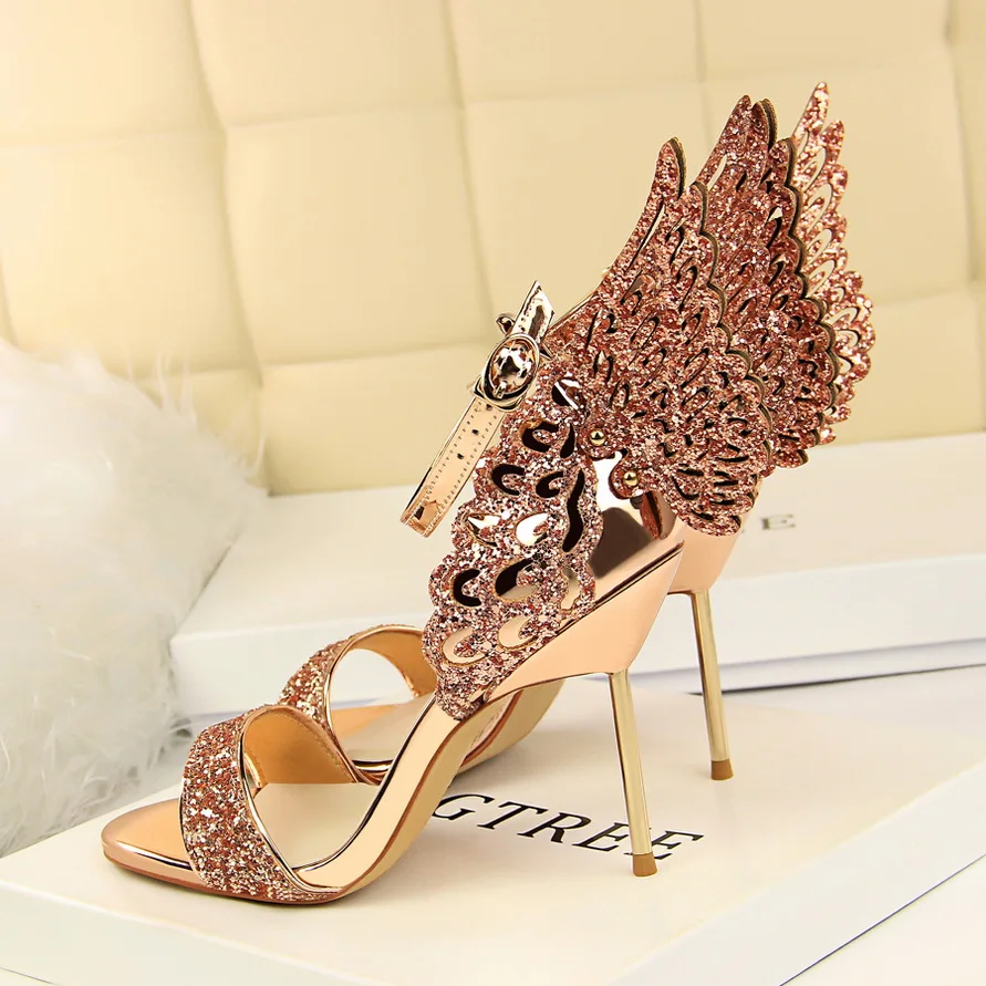 2018 Women Summer 9cm High Heels Sequins Sandals Lady Sexy Strap Stiletto Pumps Female Escarpins Wedding Bride Pink Gold Shoes