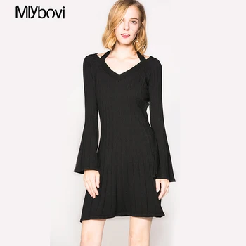 

Sexy halter v neck winter sweater dress women Ruched long sleeve black bodycon dress Cotton female Chic party dress autumn 2018