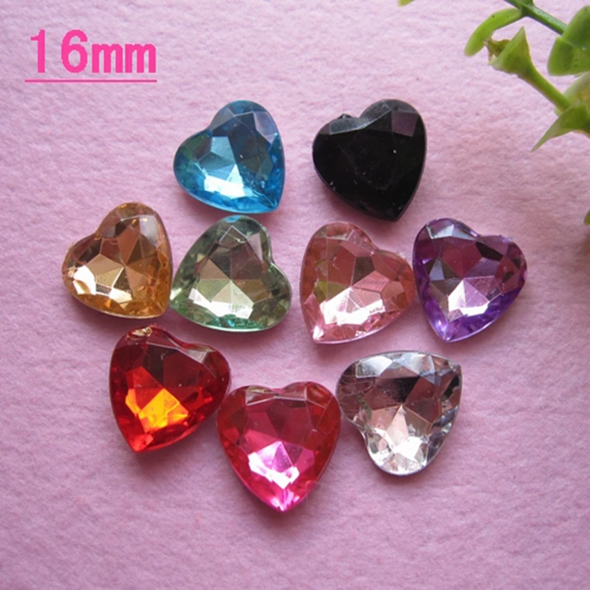 

50pcs Mixed Colors Acrylic heart shape Rhinestone Gems 16mm do not flat back