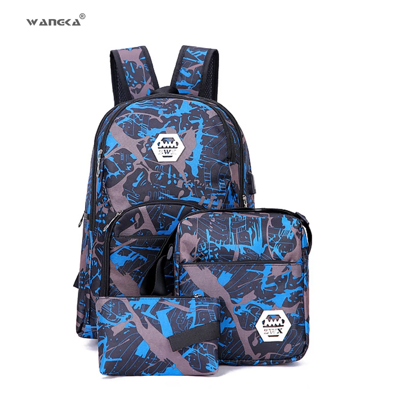 

WANGKA Fashion Travel Bagpack 3Pcs/Set Waterproof USB Charging School Backpack Nylon High Capacity Laptop Shoulder Bags for Men