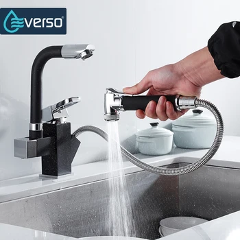 

EVERSO Solid Brass Kitchen Faucet Double Spouts 360 Degree&Pull Out Kitchen Faucet Kitchen Tap Sink Mixer