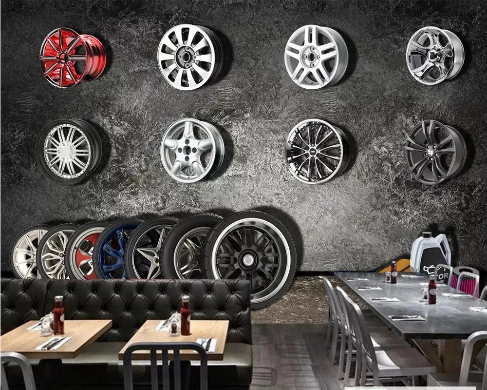 

Free Shipping Custom Wallpaper Mural Retro Vintage Car Tire TV Background Wall Mural Painting Restaurant Hotel Wallpaper Deco