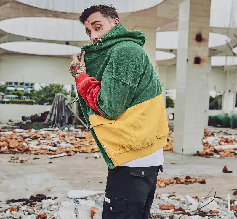 Color Block Patchwork Corduroy Hooded Jackets 3