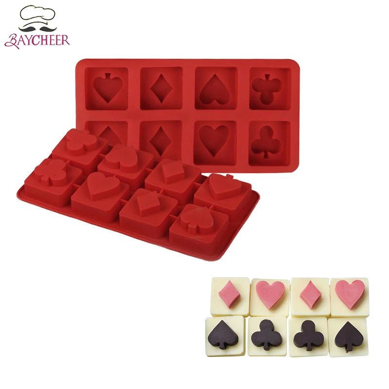 

BAYCHEER Creative Chocolate Ice Grid Mould Cartoon Playing Cards Red Peach Spades Plum Silicone Bakeware Cake Decorating Tools