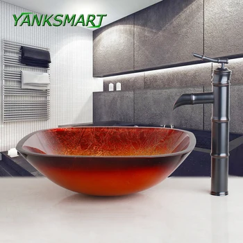 

YANKSMART Square Tempered Glass Bathroom Washbasin Sink + Oil Rubbed Bronze Basin Black Faucet Mixer Water Tap With Pop-up Drain