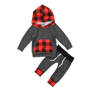 

Christmas baby Kid clothes Toddler Kids boys Girls clothing Plaid Hooded Tops Pants 2Pcs Outfits Set Xmas Clothes costume