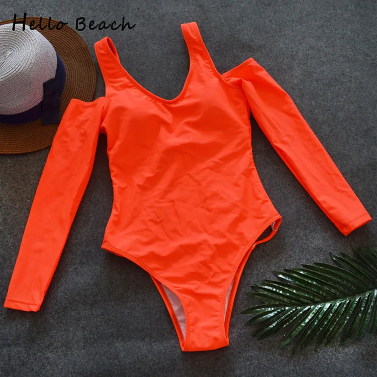 One Piece Red HELLO BEACH, сексуальный сдельный Купальник для женщин, боди с вырезами, летний купальный костюм, пуш-ап, монокини, длинный рукав, купальник для женщин - Цвет: One Piece Red