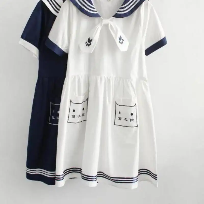 

2018 Spring Girl Navy Style Dress Vestido Sailor Collar Cat Embroidery Plus Size Vestidos Mori Girl Lovely Clothing