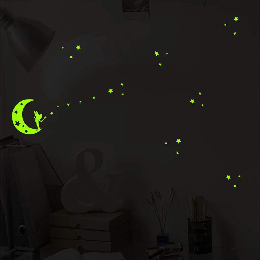 Новая детская спальня флуоресцентная Наклейка на стену s светится в темноте Съемная самоклеящаяся ПВХ Звезда Луна Ангел светящаяся наклейка
