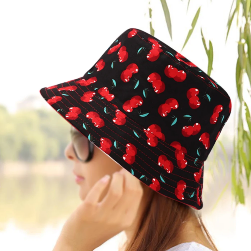 

Bucket Hat Men Women Summer Bucket Cap Cherry Print Cute Reversible Hat Portable Protection Outdoor Holiday Beach Bucket Hats