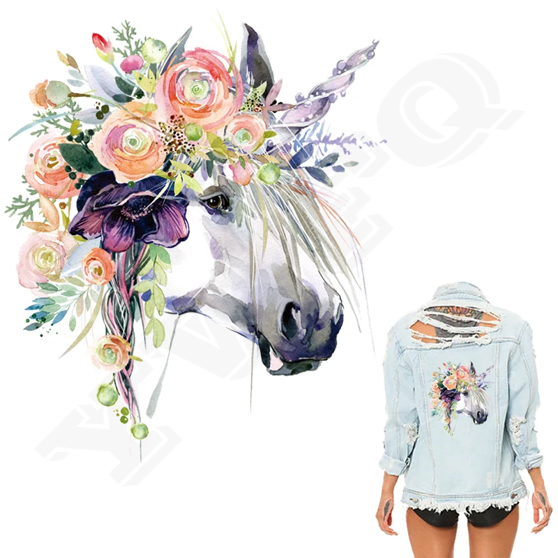 

Sticker Patches Watercolor Unicorn Washable Print On T-Shirt Clothes Decoration New Design Diy Accessory Iron-On Transfers