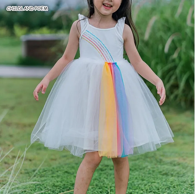 

Girls Dress Summer Rainbow Princess Kids Dresses For Girls Embroidery Rainbow Lace 1st Birthday Party Toddler Baby Girl Dress