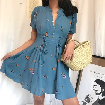 

Beach Dress Real Ukraine 2018 Summer New Holiday Print V-neck Single-breasted Tie High Waist Flower Sleeve Chiffon Dress Female