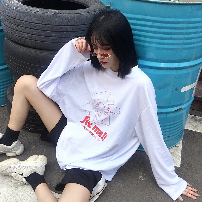 Футболка Femme 2020 осенняя одежда Корейский Ulzzang Harajuku забавная футболка с длинным