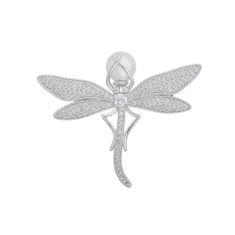 

YAN MEI New Dragonfly Brooches Silver Plated CZ Zirconia Corsage Breastpin Lapel Pins Fashion Jewelry With Pearl GLX0131