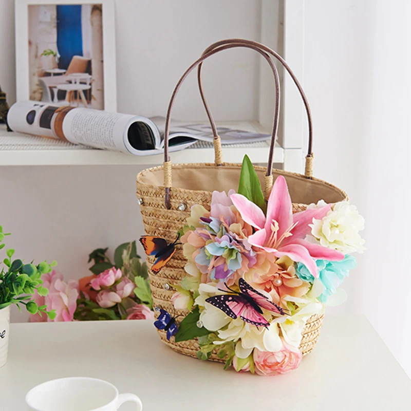 Handmade Flower Straw Bag For Women Summer Holiday Straw Handbag