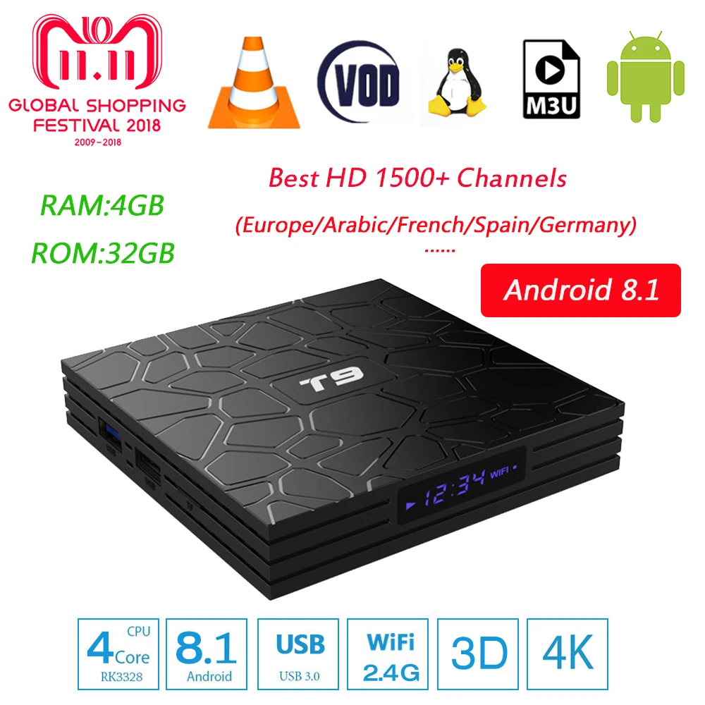 T9 Android 8 1 Smart ТВ BOX 4 Гб Оперативная память 32 ГБ Встроенная RK3328 ядра телеприставки +