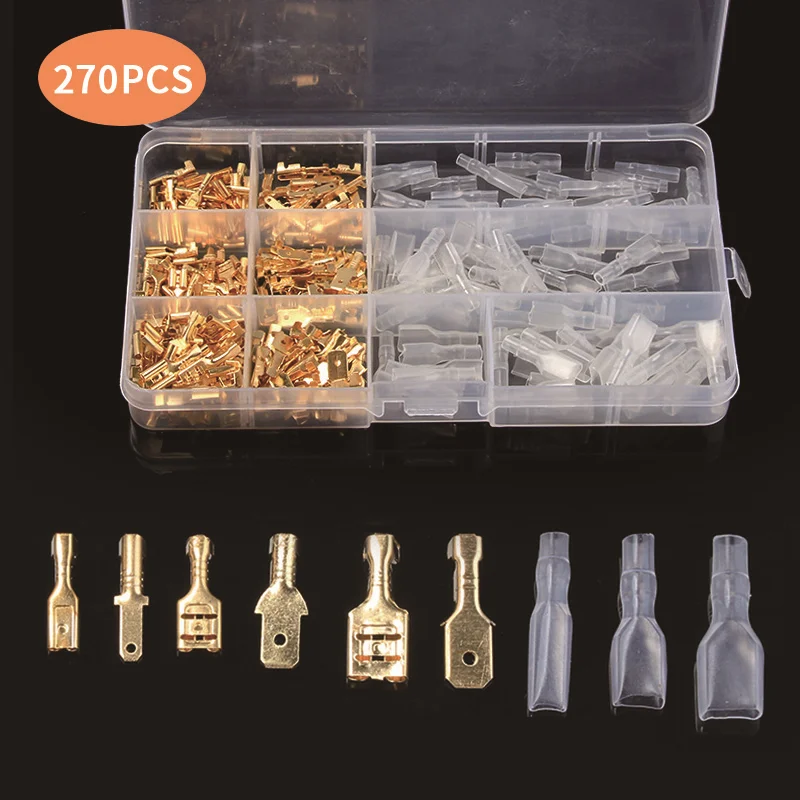 

270Pcs/Set Insulated Electrical Wire Crimp Terminals 2.8/4.8/6.3mm Spade Connectors Assortment Kit with Box