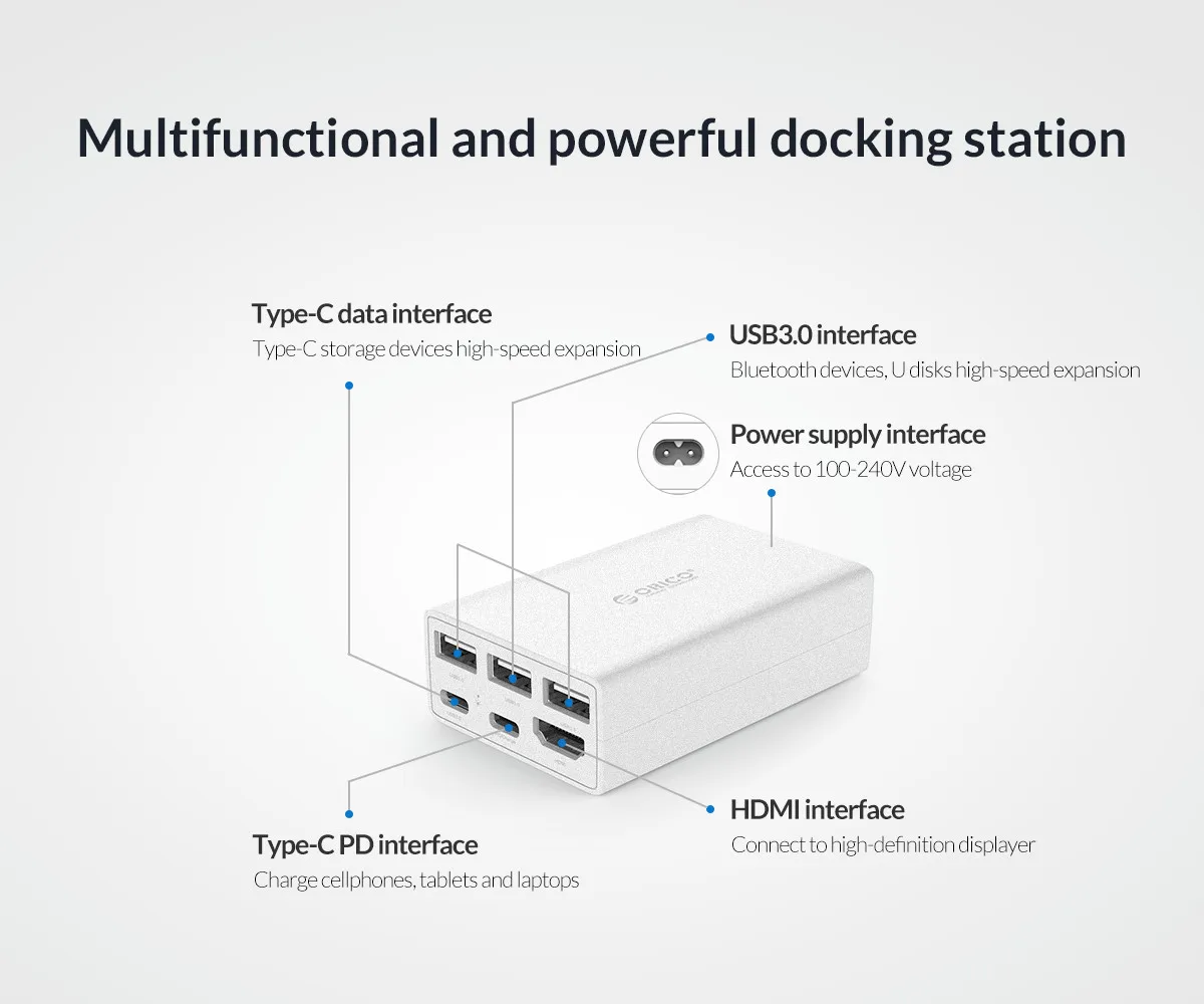 ORICO USB C концентратор type-C к HDMI/VGA/RJ45/TF/SD/USB3.0 концентратор многофункциональная док-станция с type-C зарядка PD для ПК