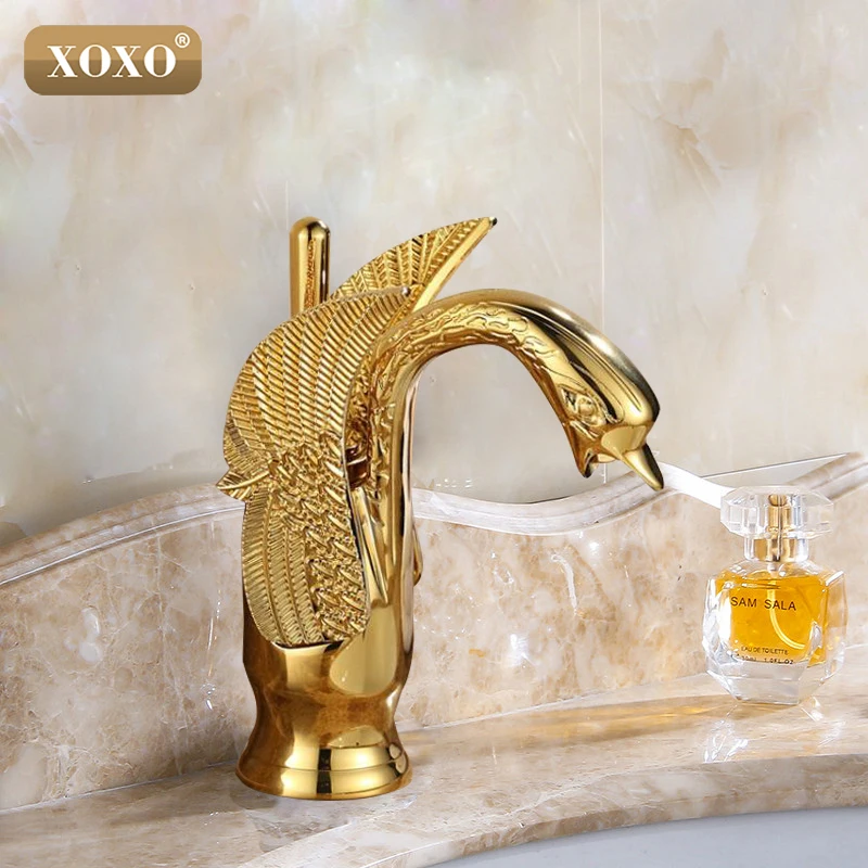 XOXO Новый Дизайн Роскошные Медь горячей и холодной краны Лебедь Кран позолоченные