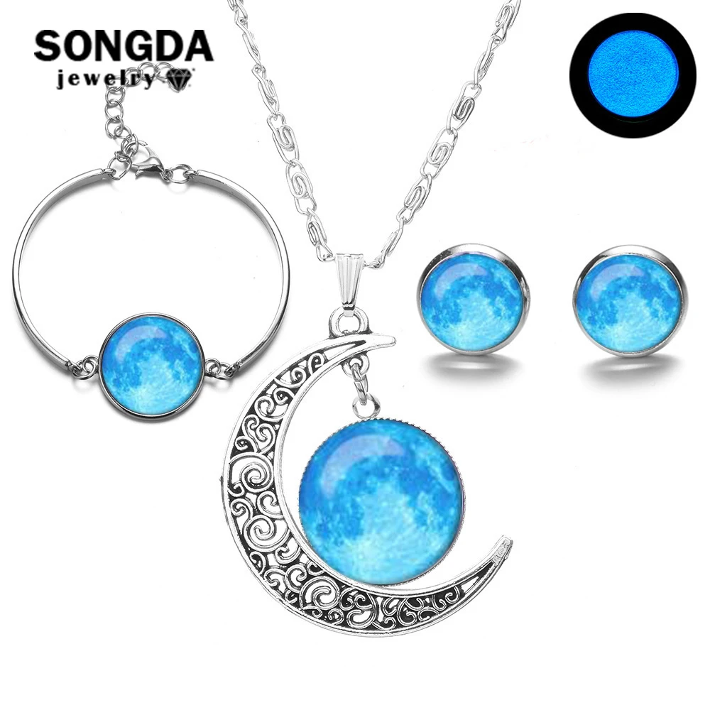 

SONGDA 2018 Galaxy Planet Dark Luminous Jewelry Sets Silver Color Crystal Glass Cabochon Necklace Bracelet Earrings for Women