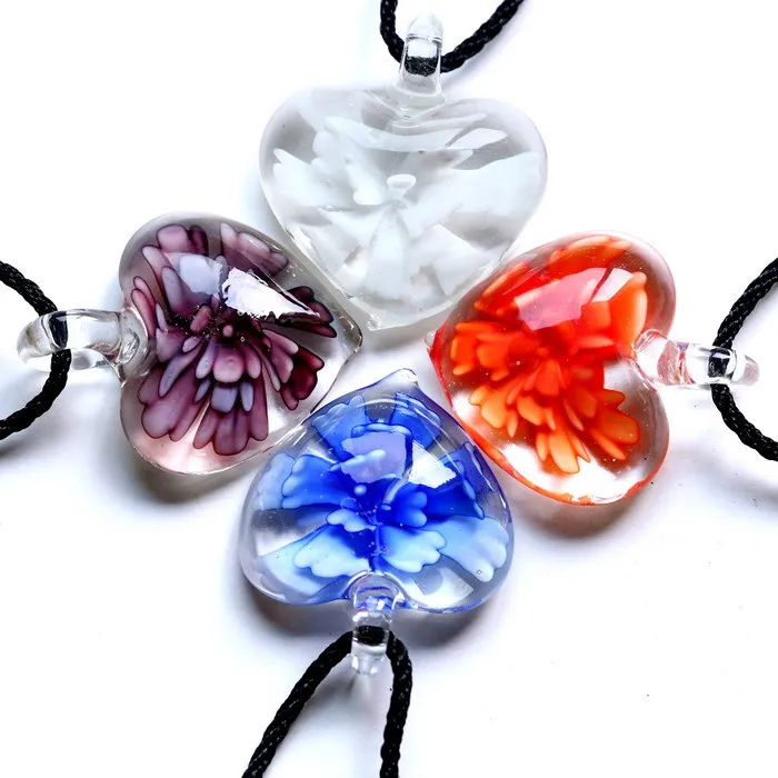 

Fashion unique Lampwork Murano Glass Pendant Necklace Flower Heart Vintage Necklaces leather Chain 2015 New Arrival Jewelry