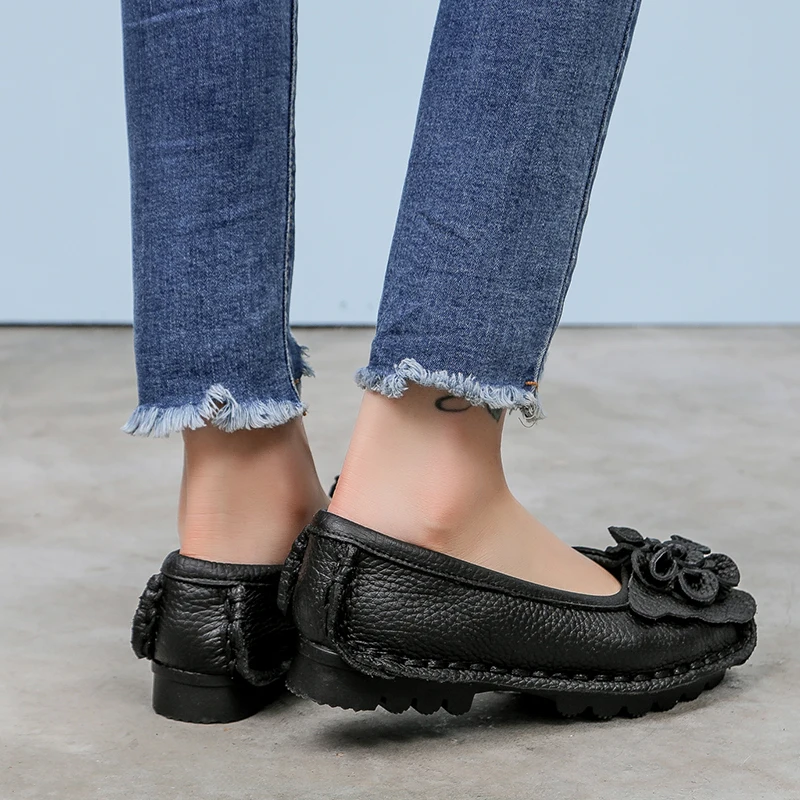 Ethnic Women Loafers Genuine Split Leather Flat Heels Flower Round Toe Soft Solid Sandals Platform Ladies Shoes Zapatos De Mujer bridal slingbacks