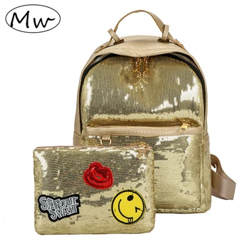 

Moon Wood Fashion Glitter Sequins Backpack Set 2019 Women Girls PU Leather Daily Backpack School Bag With Cartoon Label Purse