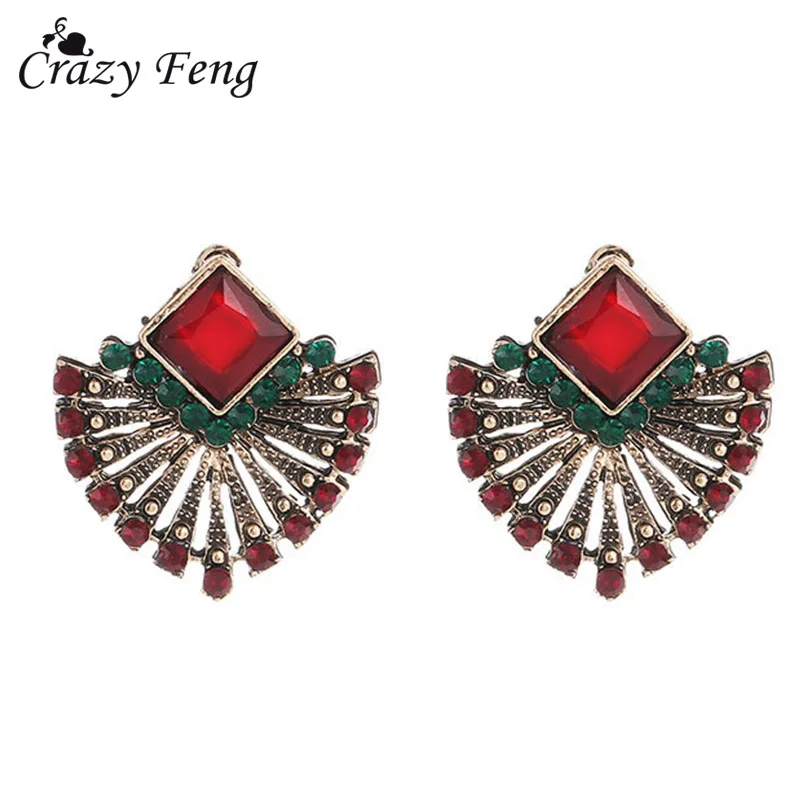 

2018 Ethnic Boho Antique Gold Color Stone Earrings for Women Red Crystal Bridal Wedding Earrings Fans Shaped Fashion Jewelry