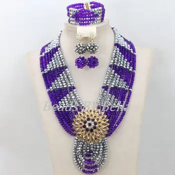 

Hot Design Purple Silver Costume Crystal Beads Necklace Nigerian Wedding African Jewelry Set Bridal Jewelry Free Shipping ABF318
