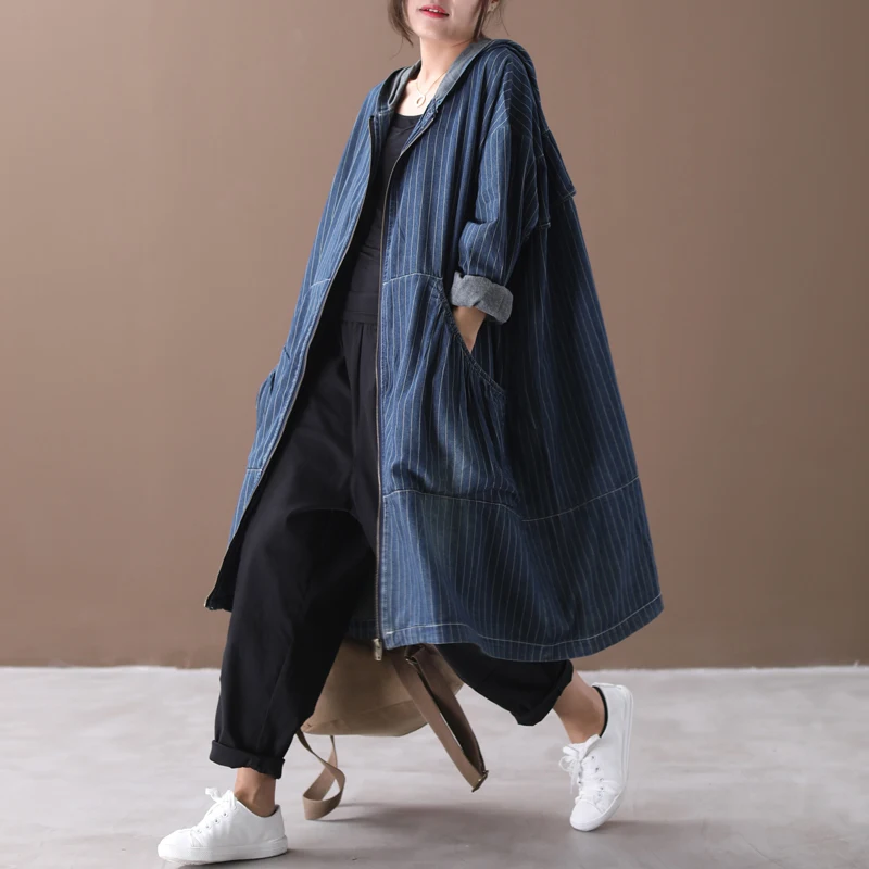 

[EWQ] 2019 Autumn New Pattern Style A-line Loose Full Sleeve Vertical Striped Pattern Zipper Hooded Collar Coat AF89505