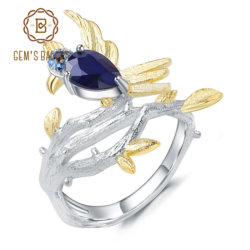 

GEM'S BALLET 0.65Ct Natural Blue Sapphire Gemstone Ring 925 Sterling Silver Handmade Bird on Branch Ring for Women Fine Jewelry