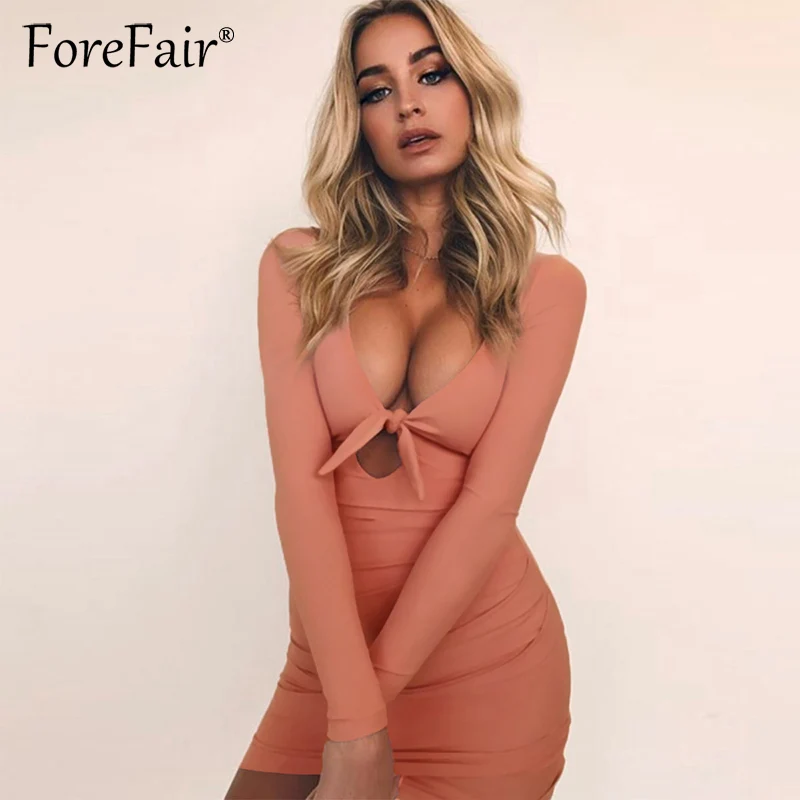 Сексуальное облегающее платье Forefair с бантом и V образным вырезом женская одежда
