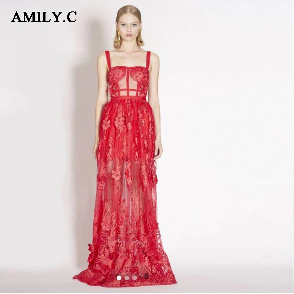 Amily. c, высокое качество, женское сексуальное красное кружевное Бандажное платье, лето, новое облегающее Клубное платье с поясом-спагетти, длинный Угол обзора
