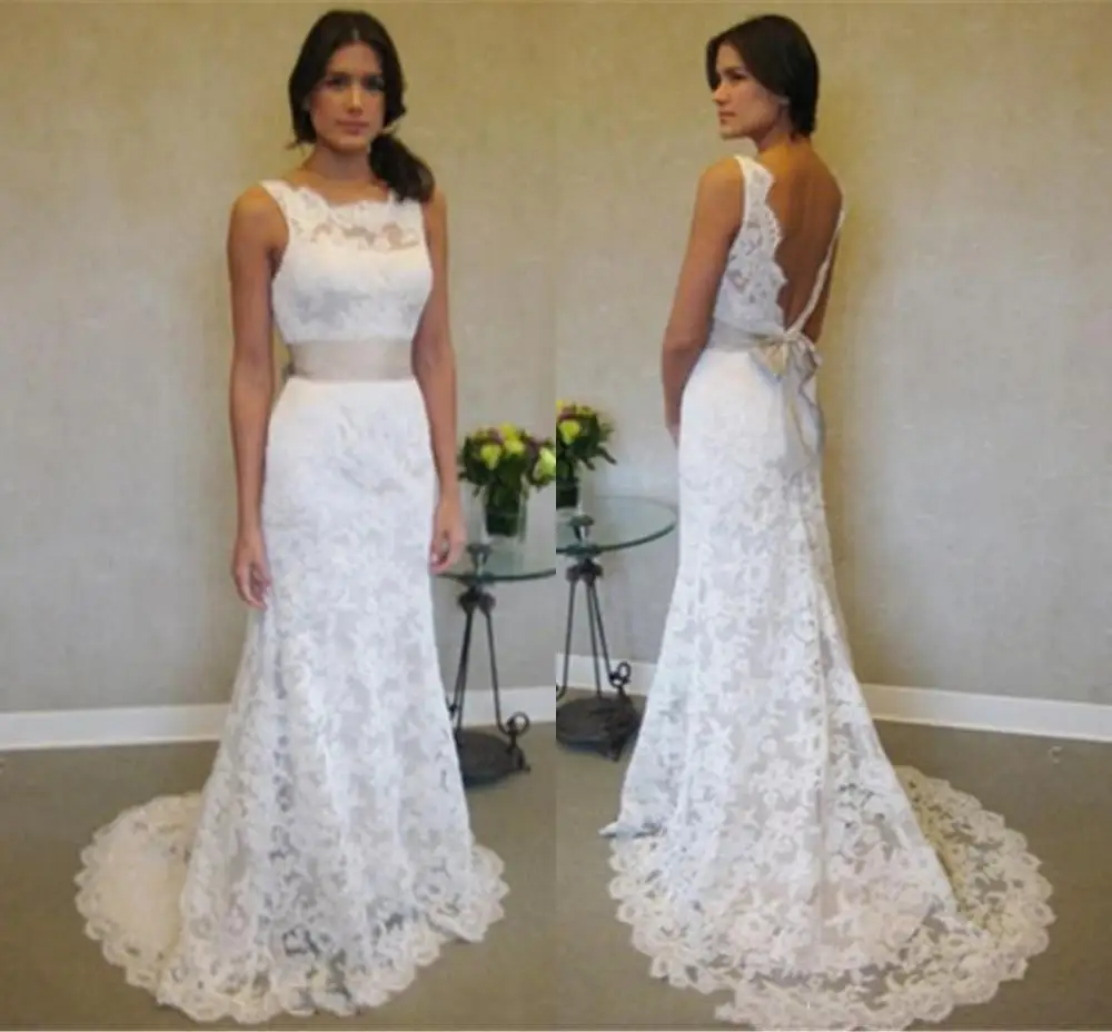 Precio Caliente Vestidos De Novia Vintage De Sirena De Encaje 2021 Sin Mangas Sin Espalda Con Cinturon De Lazo Grande Vestidos De Novia De Campo De Talla Grande September 2020