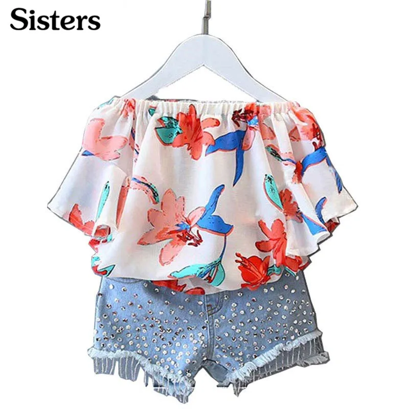 

2018 Girls Clothes Suit Chiffon Blouse and Denim Shorts 2pcs / Set Fashion Word Collar Strapless Shirt Diamond Children's Suit