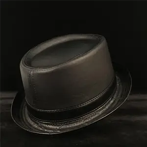 Image 5 - 100% Leather Men Balck Pork Pie Hat For Dad Fedora Hat Fasgion Gentleman Flat Bowler Porkpie Top Hat Size S M L XL