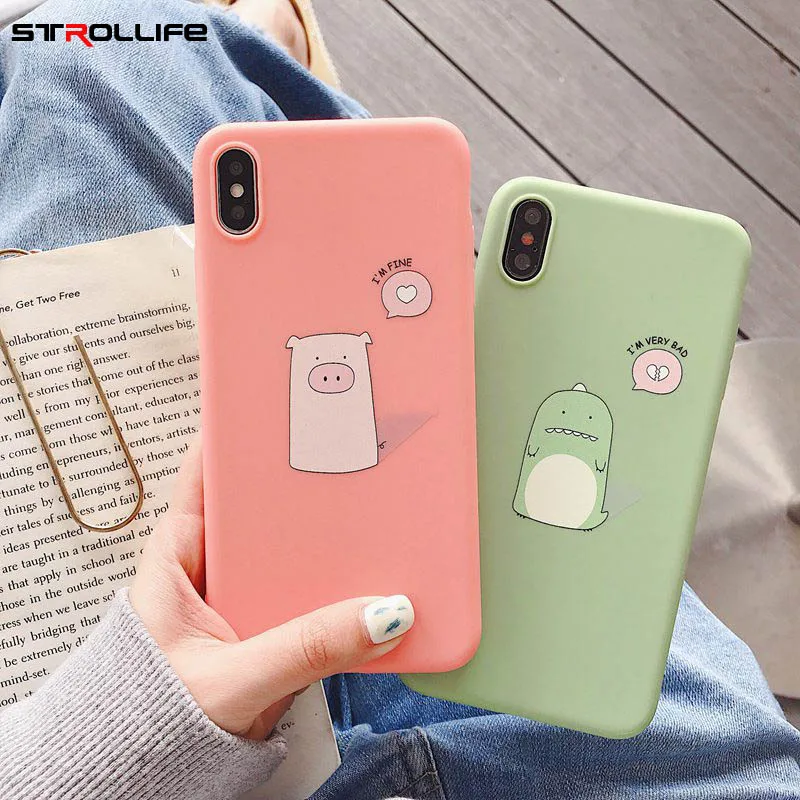 STROLLIFE Cute Dinosaur Phone Case for IPhone XS Max XR Lovely Pig Cover 6 X 7 8 Plus Candy Color Soft TPU Back Shell |