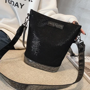

2019 new wave Korean of the net cloth sequins large capacity bucket bag broadband wild shoulder Messenger bag C43-06