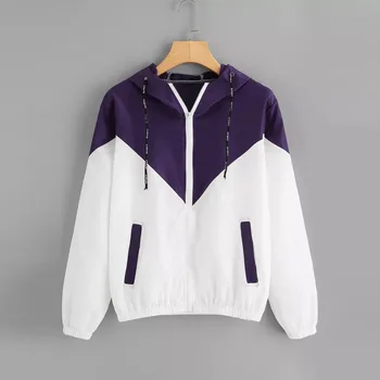 

Spring Jacket Women Women Long Sleeve Patchwork Thin Skinsuits Hooded Zipper Pockets Sport Coat Casaco Feminino blouse -