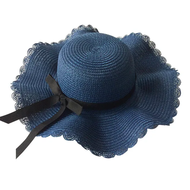 Girls Summer Cap Black Ribbon Decorate Wavy Straw Hat For Girls Children Panama Hat Kids Sun Cap Baby Beach Hats navy blue