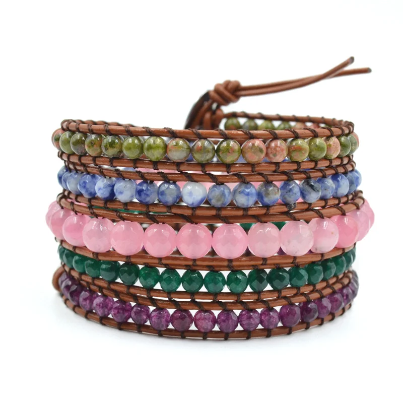 Mixed Natural Stones Women Leather Bracelet Charm 5 Strands Wrap