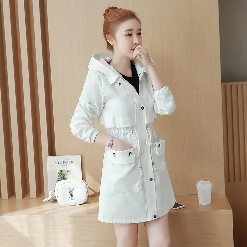 Осенний женский плащ корейский длинный рукав с капюшоном средней длины Верхняя одежда ветровка Женская размера плюс базовое пальто AA330 - Цвет: white