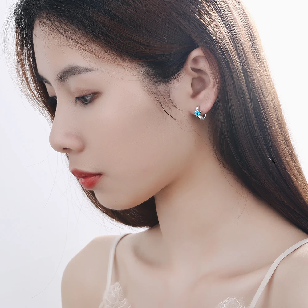 New 925 sterling silver Blue Crystal Hoop Earrings Stars Design Earring For Women Korea Japan Party Jewelry oorbellen