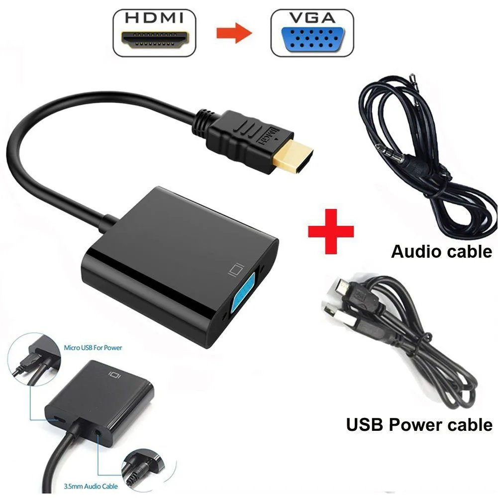 

1080P HDMI to VGA Adapter Converter With USB Power 3.5mm Audio Cable for HDTV PC Laptop Monitor CR88